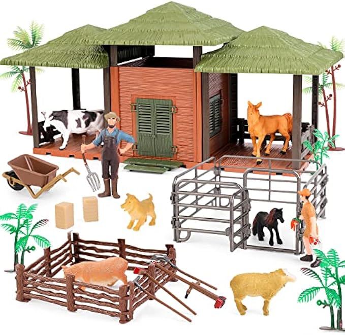 BAZOVE 67PCS Farm Playset with Farm Animals Figurines, Toy Barn, Fences and Trees - Easy to Assemble Farmhouse Playset - Educational Farm Toys Gifts for Kids Boys Girls Ages 3+