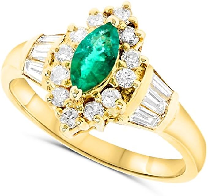 Jewelry Bliss 18k Yellow Gold Green Emerald Marquise Genuine Gemstone and Diamond Halo Gemstone Ring For Women Size 6