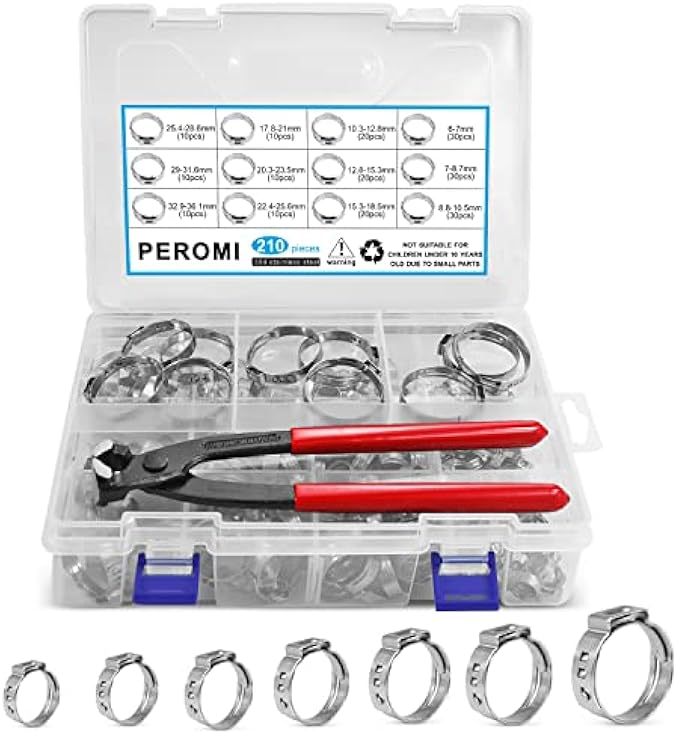 PEROMI 210pcs Single Ear Hose Clamp with Pincers Crimper Tool,12 Size 6-36.1mm 304 Stianless Steel Cinch Clamp Rings Assortment Kit for PEX Tube Fitting connections
