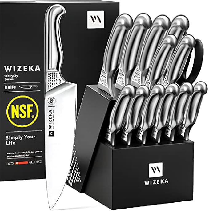 WIZEKA Kitchen Knife Set with Block, NSF Certified 15pcs German Steel 1.4116 Knife Block Set, Professional Chef Knife Set with Built-in Sharpener, Starry Sky Series