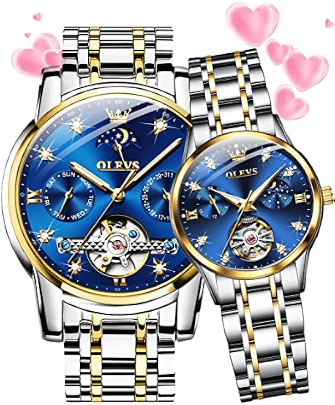 OLEVS Valentines Couple Pair Automatic Watches His and Her Couple Set Diamond Wrist Watch Men and Women Lovers Wedding Romantic Gifts Set of 2