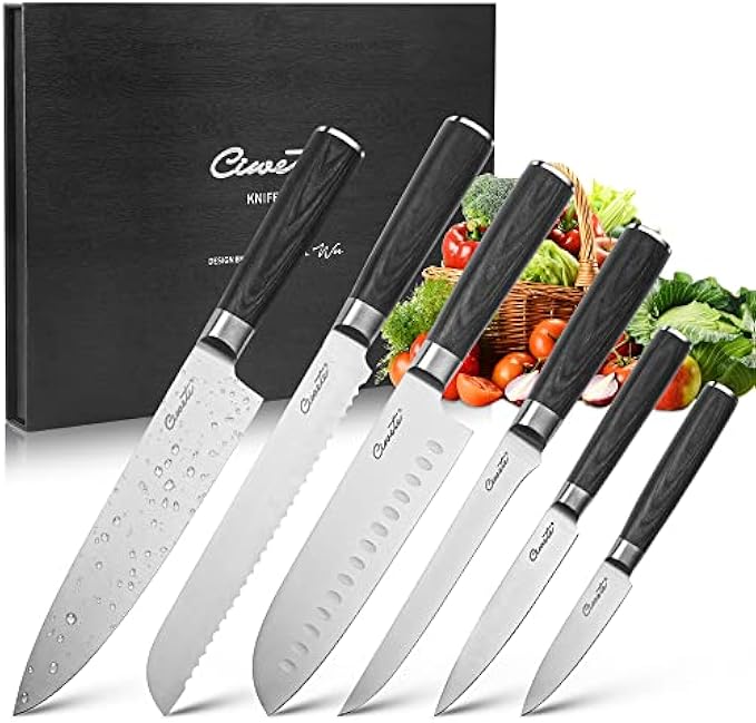 ciwete Chef Knife Set, 6-Piece Kitchen Knife Set with Upgrade 3CR13 Stainless Steel Ultra Sharp Blades, Knives Set with Well Balanced Wood Handle, Chefs Knife Set with Gift Box