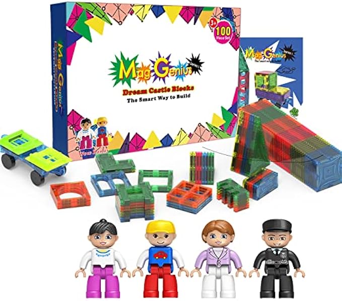 Mag Genius Magnet Tiles 100 Piece Set Includes All The New Magnet Tiles and Clickins to Build The Perfect Castle Includes Clip in Windows and All New Magnet People