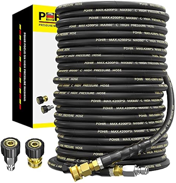 POHIR Power Washer Hose 100FT 3/8'' High Tensile Wire Braided Car Wash Water Hose, with 2 Quick Connect Kits Compatible M22 14 mm, 1/4 Inch Hose for Pressure Washer, 4200 PSI