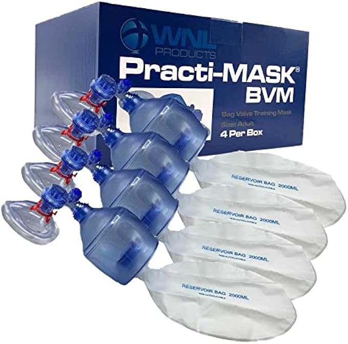 WNL Products 5000BVM Practi-Mask BVM Adult/Child CPR Training Mask Includes 4 Adult/Child CPR Training Practi-Masks, 4 Adult/Child Bag Valve Squeeze Bags, 4 Reservoir Bags (4 Pack - Adult & Child)
