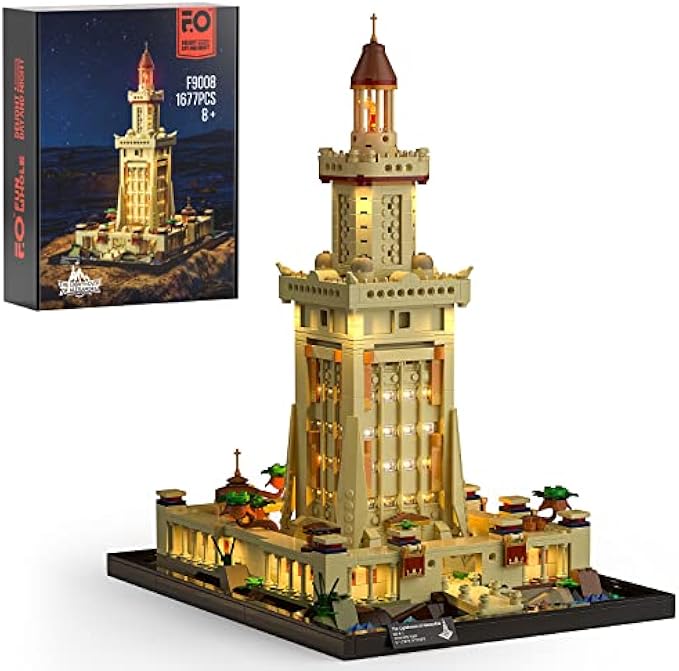 FUNWHOLE Lighting Building Bricks Set - The Lighthouse of Alexandria Construction Building Model Set 1677 PCS for Teen and Adults with LED Lighting Kit