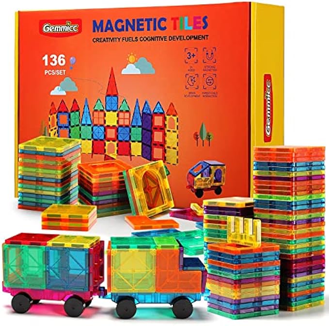 Gemmicc Magnetic Tiles, Deluxe 136 PCS Building Blocks Magnet Toys for Kids,3D Magnet Puzzles Stacking Blocks for Boys Girls,Huge Set with 2 Cars