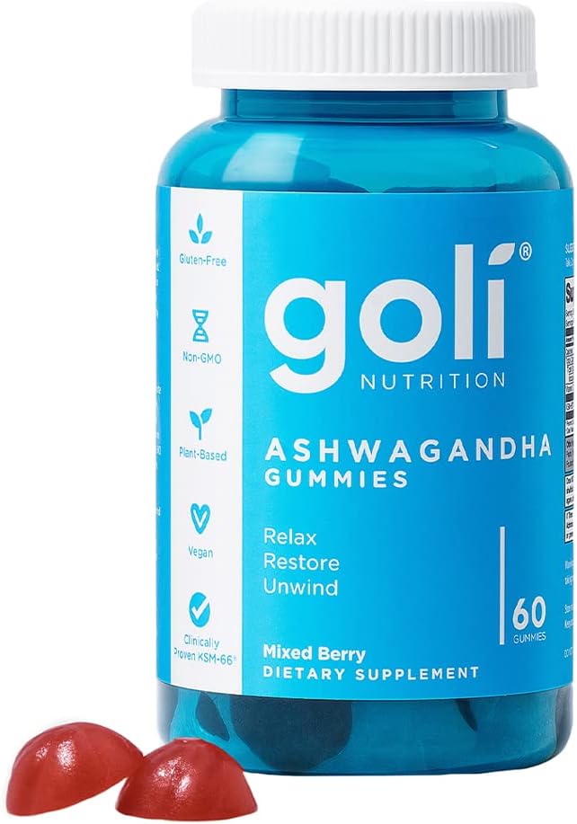 Ashwghanda Gummy Vitamins by Goli Nutrition - Relax. Restore. Unwind. 60 Count, with Vitamin D, (Mixed Berry, KSM-66, Vegan, Plant Based, Non-GMO, Gluten-Free & Gelatin Free - 1 Pack)