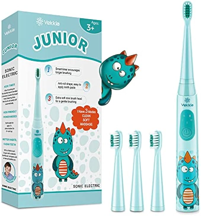 Vekkia Dragon Lord Sonic Rechargeable Kids Electric Toothbrush, 3 Modes with Memory, Fun & Easy Cleaning, 24000 Strokes, IPX7 Waterproof, 2-Min Timer for Age 3+, 4 Soft Bristles