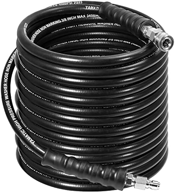 YAMATIC 3/8" Pressure Washer Hose 100FT with Stainless Steel Quick Connector, 5000PSI Rubber Power Washer Replacement Hose, Steel Wire Braided, Compatible with Simpson, Craftsman, Champion