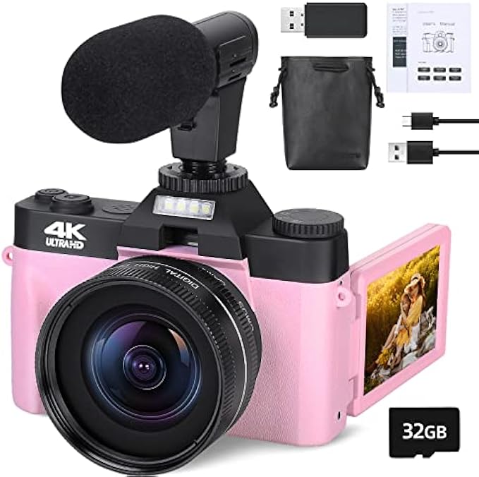 4K Digital Cameras for Photography, 16X Digital Zoom Camera, Video Camera with Wide-Angle & Macro Lenses, Flip Screen vlogging Camera for YouTube, External Microphone, 32GB TF Card - Pink
