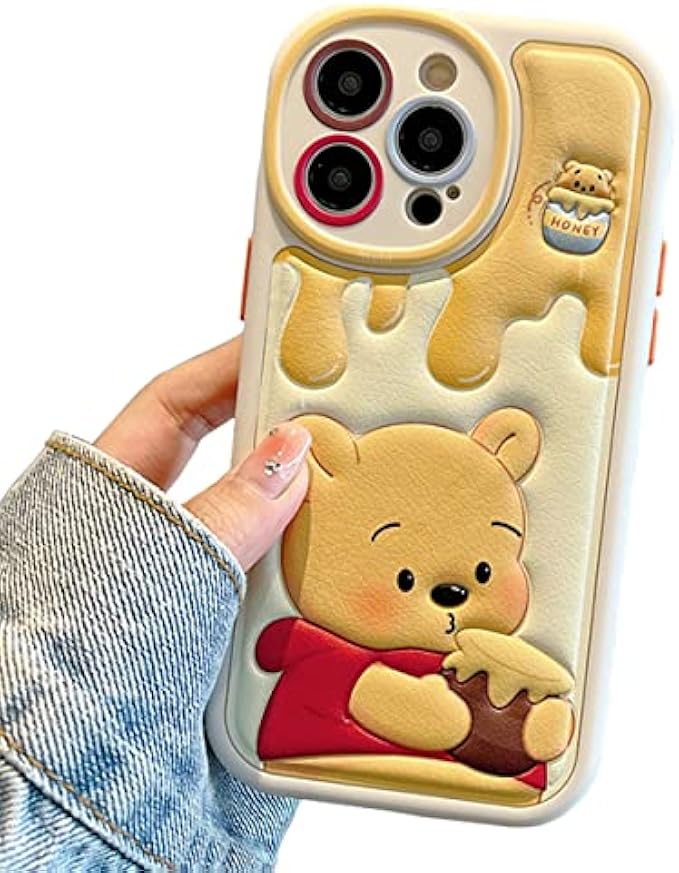 aartvark tees Compatible with iPhone 14 Pro Max Cute Case, TPU Leather Phone Case Emboss Cartoon Soft Rubber Shockproof Protective Case for iPhone 14 Pro Max Cover for Women Girls Kids(Yellow Bear)