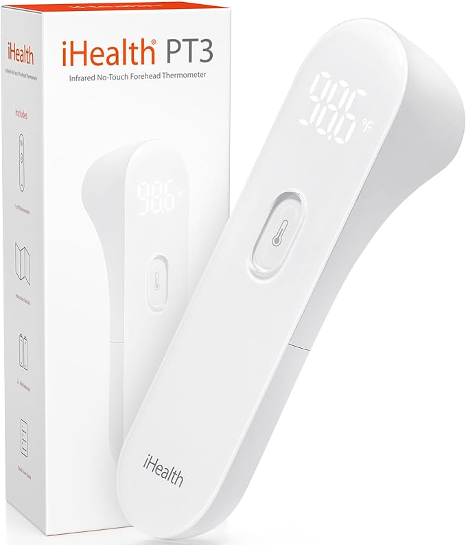 iHealth No-Touch Forehead Thermometer for Adults, Kids, Babies - FSA HSA Eligible, 3 Ultra-Sensitive Sensors, Quiet Vibration Feedback, Digital Large LED Digits, Easy to Use for Home & Nurses, PT3