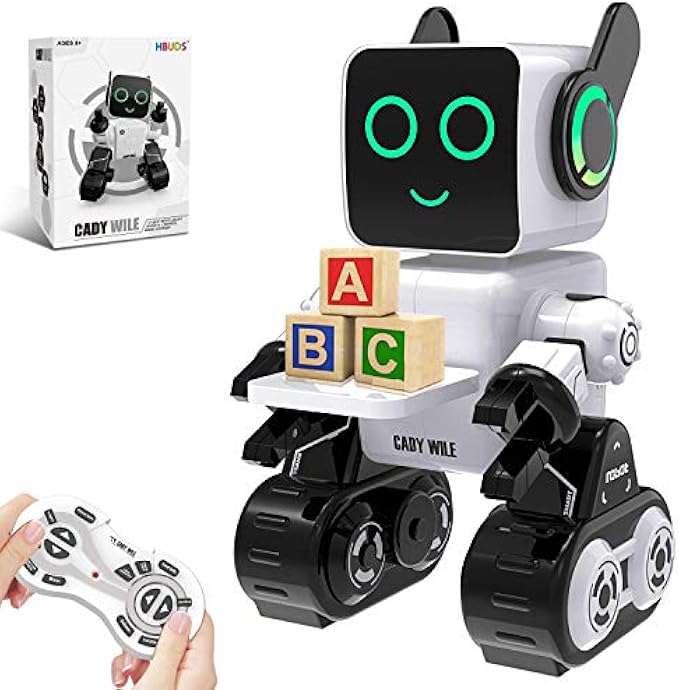 HBUDS Robots for Kids, Remote Control Robot Toy Intelligent Interactive Robot LED Light Speaks Dance Moves Built-in Coin Bank Programmable Rechargeable RC Robot Kit (White)