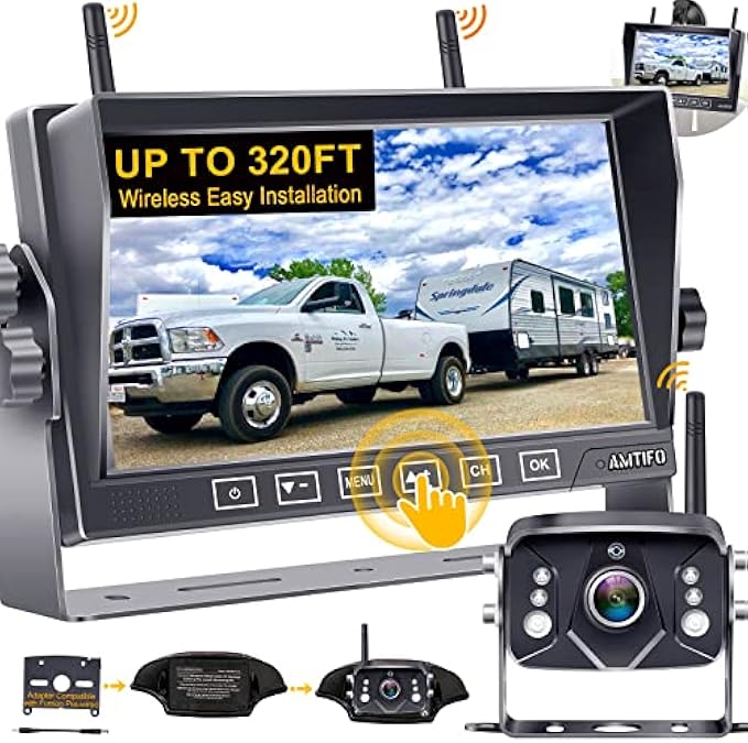AMTIFO RV Backup Camera Wireless HD 1080P Trailer Bluetooth Rear View Cam System Touch Key 7'' DVR Monitor Split Screen 4 Channels for Truck Camper Adapter for Furrion Pre-Wired RVs A7
