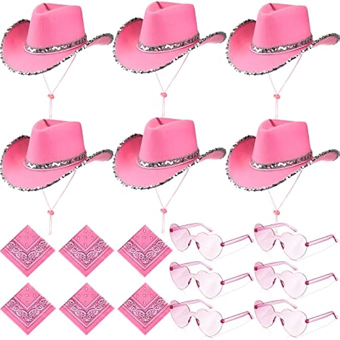 Zhanmai 18 Pieces Cowboy Hat with Heart Sunglasses and Paisley Bandanna Set for Women Teens