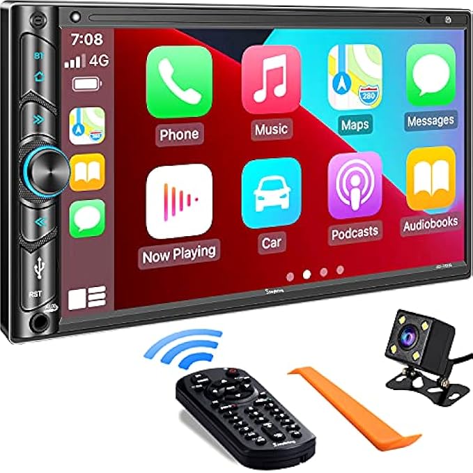 Double Din Car Stereo Compatible with Voice Control Apple Carplay - 7 Inch HD LCD Touchscreen Monitor, Bluetooth, Subwoofer, USB/SD Port, A/V Input, AM/FM Car Radio Receiver, Backup Camera