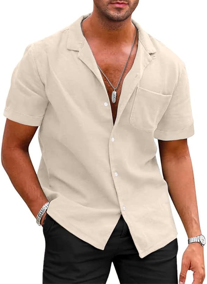 JMIERR Hawaiian Shirts for Men Casual Stylish Cotton Linen Button Up Beach Shirts Short Sleeve Resort Shirts with Pocket