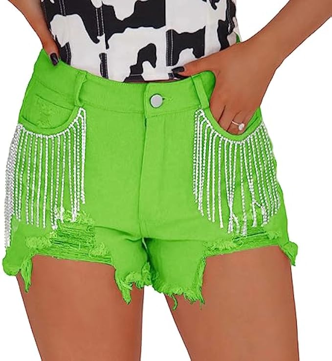 LifeShe Women Denim Short Mid Waist Frayed Raw Hem Rippped Rhinestone Tassel Jean Short