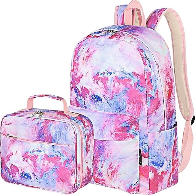 Airyard Girls Backpack, School Backpack for Girls, Lightweight Water Resistant School Bag for Teen Girls Kids Backpack with Lunch Box (Galaxy Cloud Purple)