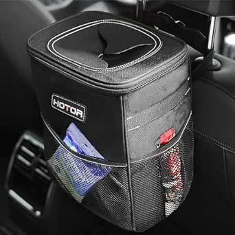 HOTOR Black 2 Gallon Car Trash Can with Lid and Storage Pockets, Waterproof, Portable, Rectangular, 7.8 oz, 20.07 x 13.97 x 25.91 cm