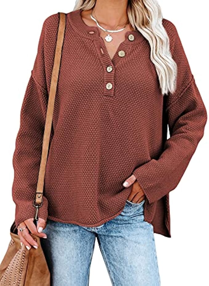 SHEWIN Women's Waffle Knit V Neck Sweater Casual Long Sleeve Side Slit Button Henley Pullover Jumper Top