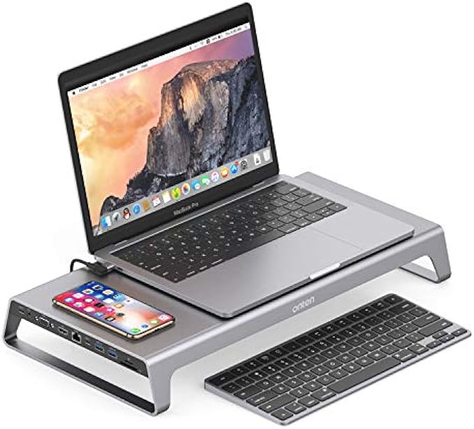 USB C Docking Station,Laptop Aluminium Item Stand with Wireless Charging 2*USB3.0, Gigabit Ethernet Power Delivery 100W, TF/SD Card Reader Compatible with MacBook Pro/Air and More