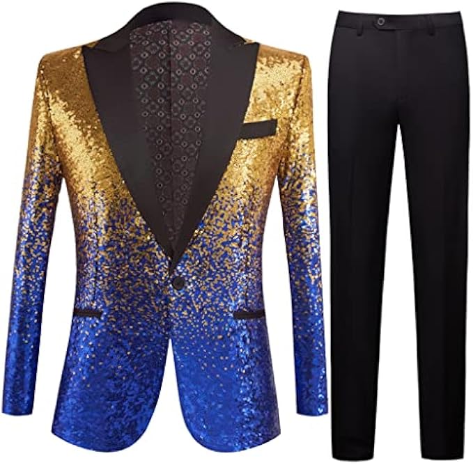 FEER Men's Fashion Gold and Blue Sequined Slim Shiny Party Prom Stage Dj Singer Suit Suit (Color : D, Size : US 46R XXL)