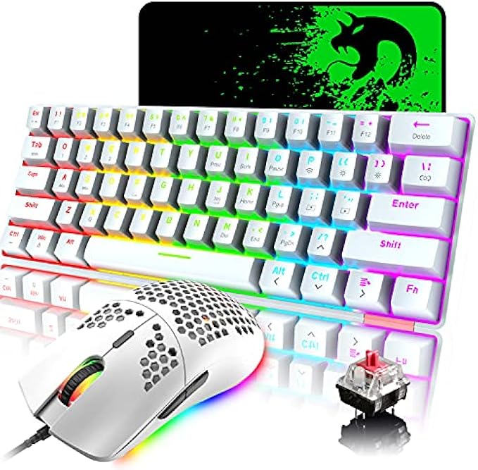 60% Wired Mechanical Gaming Keyboard Mouse,Chroma RGB 12 LED Backlit Type C Wireless 61 Keys Compact Gaming Keyboard Bluetooth 5.0 Red Switch,RGB Gaming Mouse 12000DPI for PC Laptop Gamer (White)