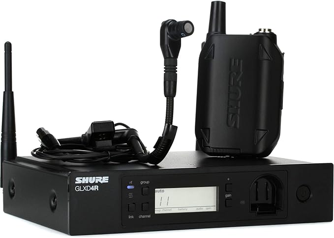 Shure GLXD14R/B98 Rechargeable Digital Wireless Microphone System with GLXD4R Rack Mount Receiver, GLXD1 Bodypack Transmitter and BETA98H/C Clip-On Gooseneck Instrument Mic