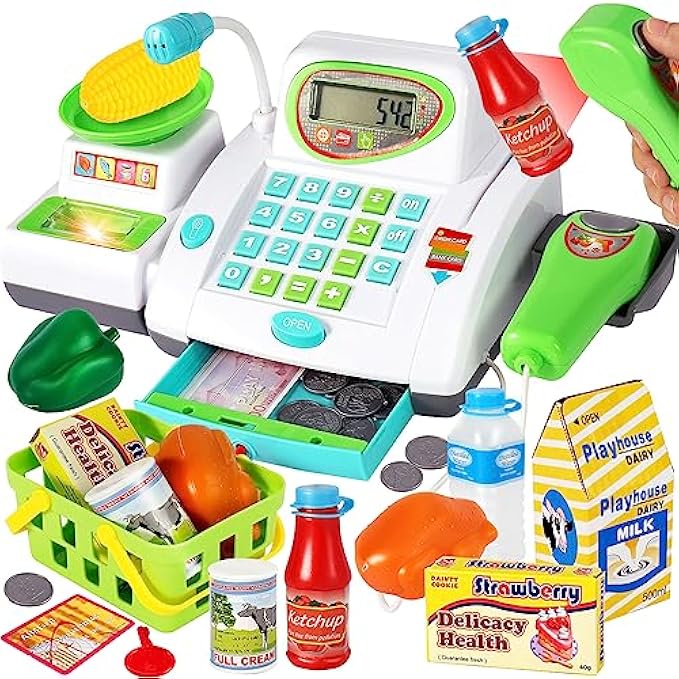 HERSITY Kids Toy Cash Register with Scanner and Microphone, Pretend Play Money Electronic Calculator Realistic Children's Supermarket Cashier Gifts for 3 4 5 Years Old Toddlers Boys Girls
