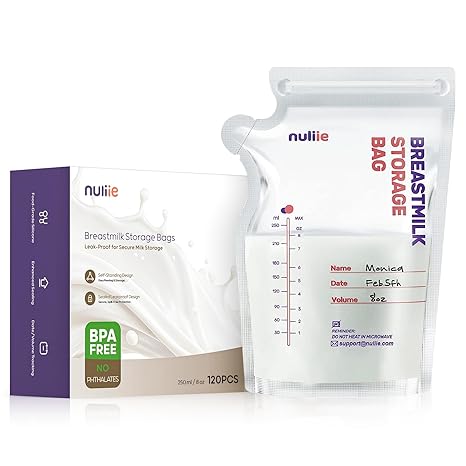 Nuliie 120 Pcs Breastmilk Storage Bags, 8 OZ Breast Milk Storing Bags, BPA-Free, Milk Storage Bags with Pour Spout for Breastfeeding, Self-Standing Bag, Space Saving Flat Profile