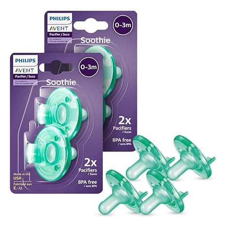 Philips Avent Soothie 0-3 Months Orthodontic Baby Pacifiers, 100% Silicone Pacifiers, One Piece, BPA-Free, Green, 4 Pack, Model SCF190/41