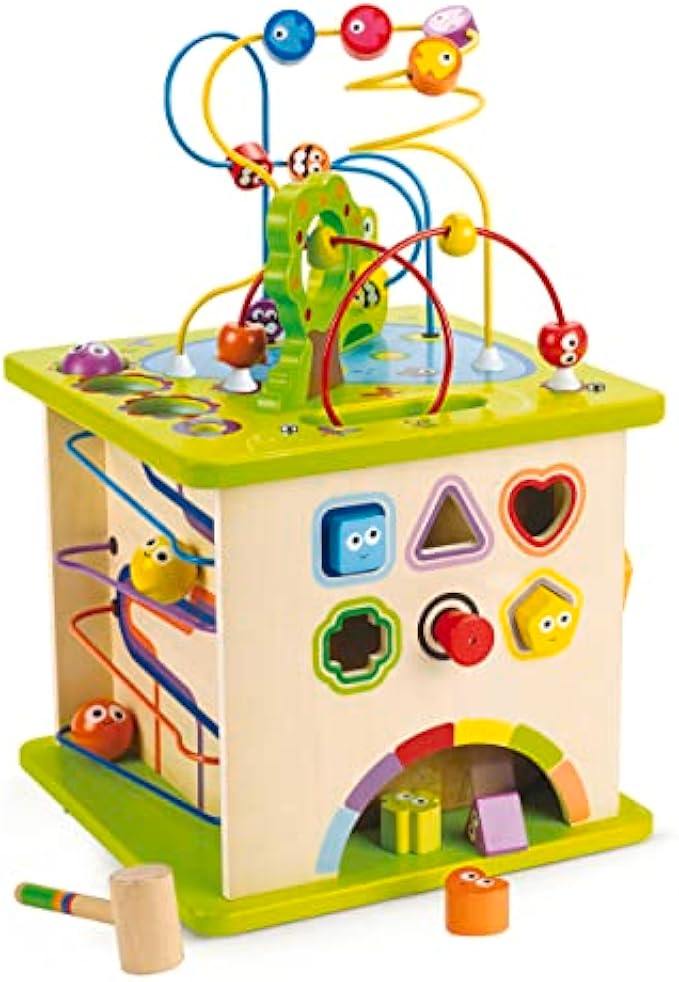 Country Critters Wooden Activity Play Cube by Hape | Wooden Learning Puzzle Toy for Toddlers, 5-Sided Activity Center with Animal Friends, Shapes, Mazes, Wooden Balls, Shape Sorter Blocks and More, 13
