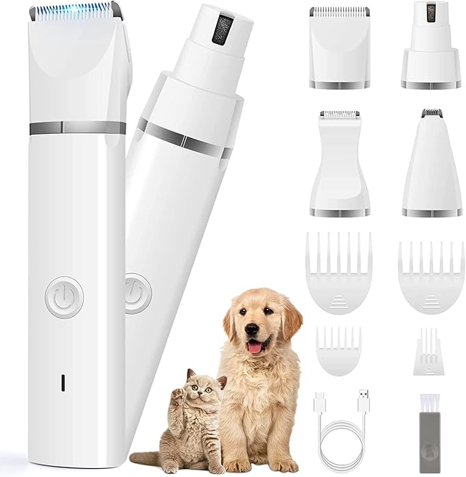 Veeconn Dog Grooming Kit with 4 Cutter Heads and 4 Guide Combs - Low Noise, Electric Quiet, USB Rechargeable, Trims Dog's Hair Around Paws, Eyes, Ears, Face, Rump