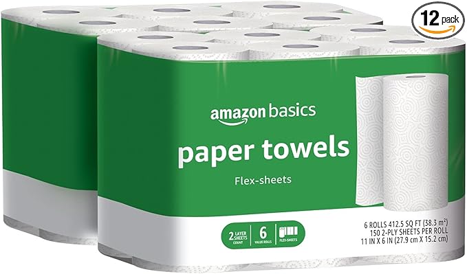 Amazon Basics 2-Ply Flex-Sheets Paper Towels, 12 Basics Rolls = 32 Regular Rolls, Everyday Value with 150 Sheets per Roll
