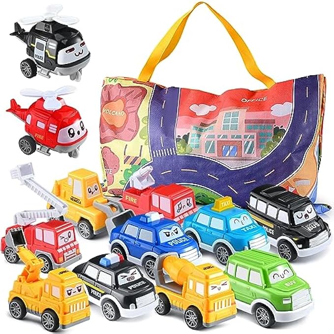 Doloowee Toddler Pull Back Car Toys (12 pcs) Baby Car Toys with Playmat Storage Bag Baby Toys 12-18 Months,Toddler Toys Age 1-2
