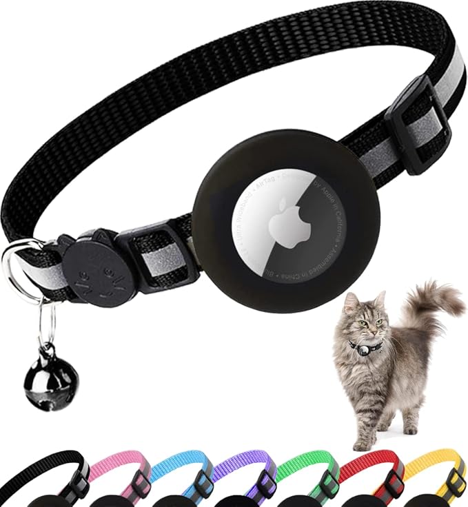 Airtag Cat Collar Breakaway, Reflective Kitten Collar with Apple Air Tag Holder and Bell for Girl Boy Cats, 0.4 Inches in Width and Lightweight(Black)