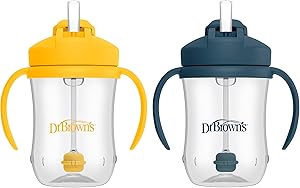 Dr. Brown's Milestones Baby's First Straw Cup, Training Cup with Weighted Straw, 9oz/270mL, Dark Blue/Vintage Yellow, BPA Free, 6m+, 2 Pack