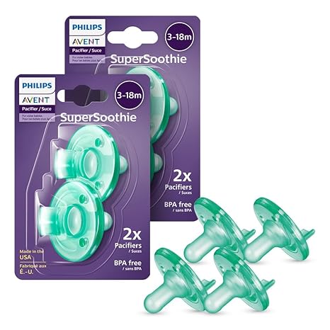 Philips Avent Soothie 3-18 Month Orthodontic Baby Pacifiers, 100% Silicone Pacifiers, One Piece, BPA-Free, Green, 4 Pack, Model SCF192/45