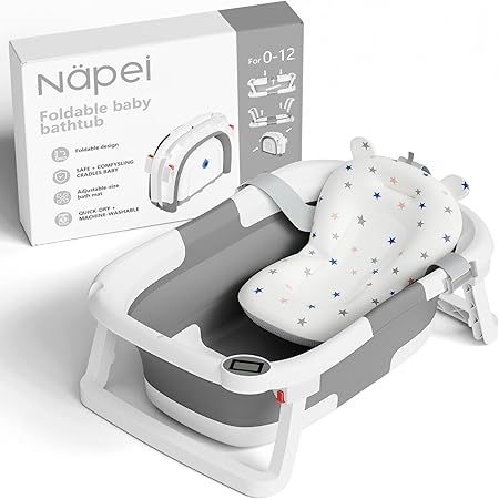 Collapsible Baby Bathtub,Baby Bath Tub with Soft Cushion & Thermometer,Baby Bathtub Newborn to Toddler 0-36 Months,Portable Travel Baby Tub