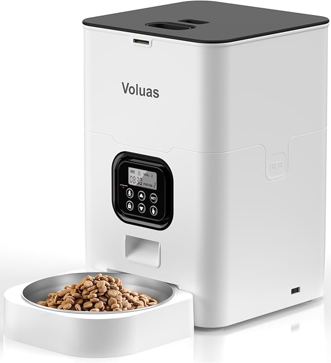 VOLUAS Automatic Food Dispenser for Cats and Dogs, Dry Food with Desiccant Bag, Programmable, Portion Control 4 Meals/Day.