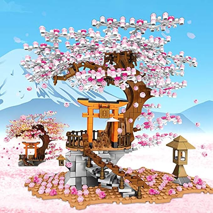 NEWRICE Sakura Tree House Lights Building Kit,City Architecture Inari Shrine Building Blocks Sets,for Adults,or Aged 12+ Boys Girls (1103 Pieces)