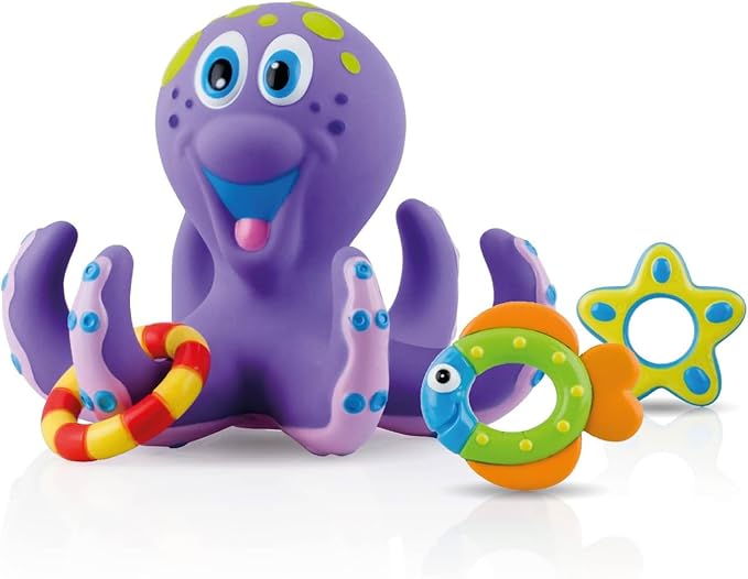 Nuby Floating Octopus Toy with 3 Hoopla Rings - Baby Bath Toy for Boys and Girls - 18+ Months - Purple (Pack of 1)