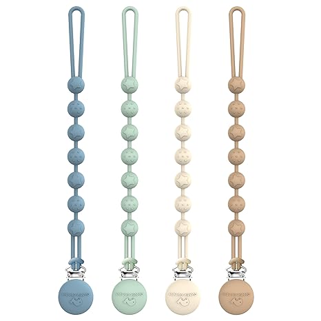 Cuddle Campus Silicone Pacifier Clip Holder with One Piece Design, Pack of 4 Soft Flexible Binky Clips with Texture for Baby Boy and Girl Set 1(6M+)