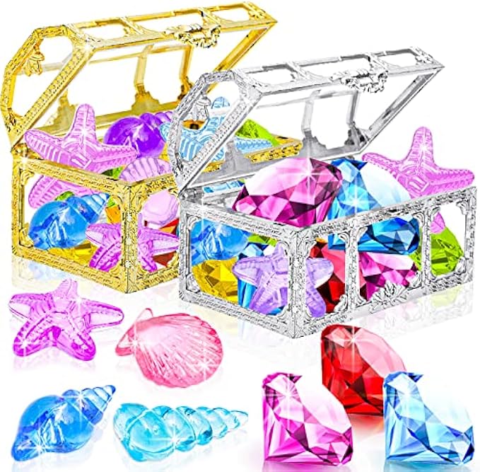 MGparty 24pcs Diving Gem Pool Toy Colorful Diamonds Set with Treasure Pirate Box Summer Underwater Swimming Toys for Boys and Girls