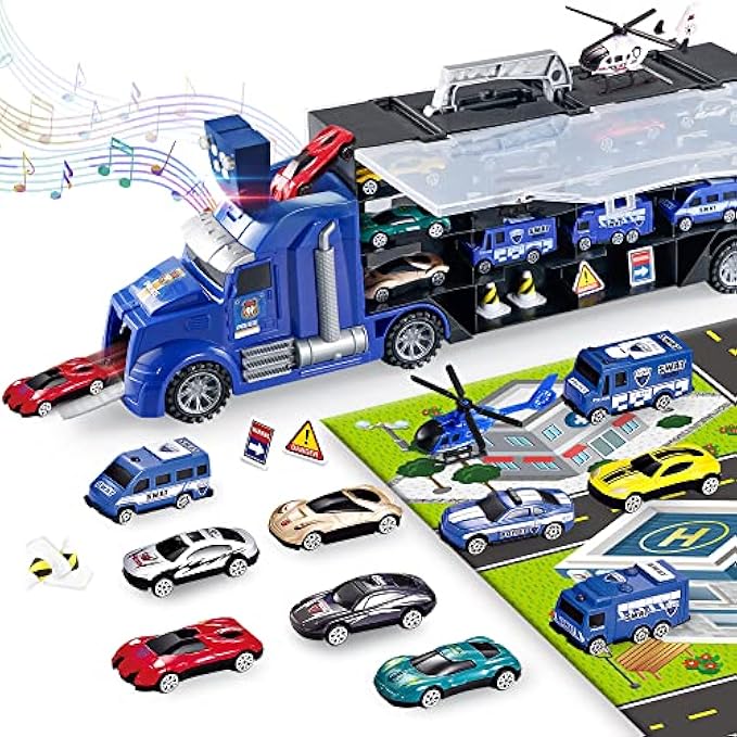 18Pcs Transport Car Carrier Truck Toy for Boys and Girls ,Double Side Transport Car Toys with Sound and Light,Toy Trucks for 3 4 5 6 Year Old Boys Girls Birthday Party Favor
