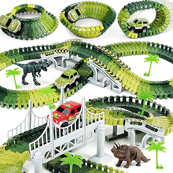 Dinosaur Toys, Create A Race Car Track Dino World with Flexible Train Track and 2 Cool Cars, Best Gift for Toddler Kids Boys Age 3 4 5 6 Year Old