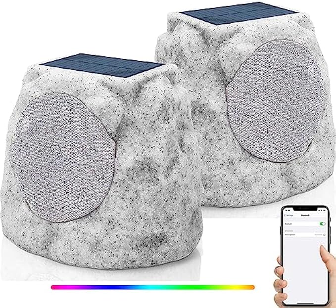 NiceBuy Rock Speakers Outdoor Waterproof Solar Set of 2 Rock Speaker Bluetooth Wireless Bass Solar Powered Garden Speakers with TWS Pair&RGB Colors&DC Charge for Outside Patio Deck BBQ