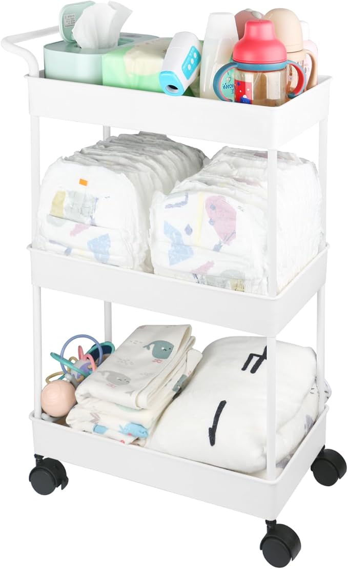 Baby Diaper Caddy, Plastic Movable Cart for Newborn Nursery Essentials Diaper Storage Caddy Organizer for Changing Table & Crib, Easy to Assemble, Beige
